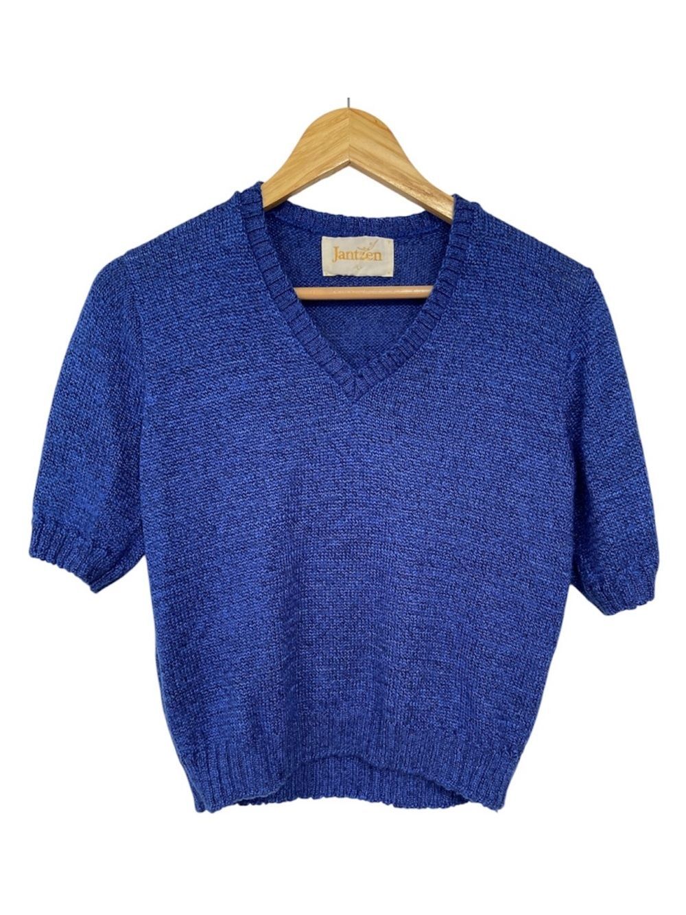 Jantzen Vintage Cobalt Blue V-Neck Short Sleeve Sweater Size L